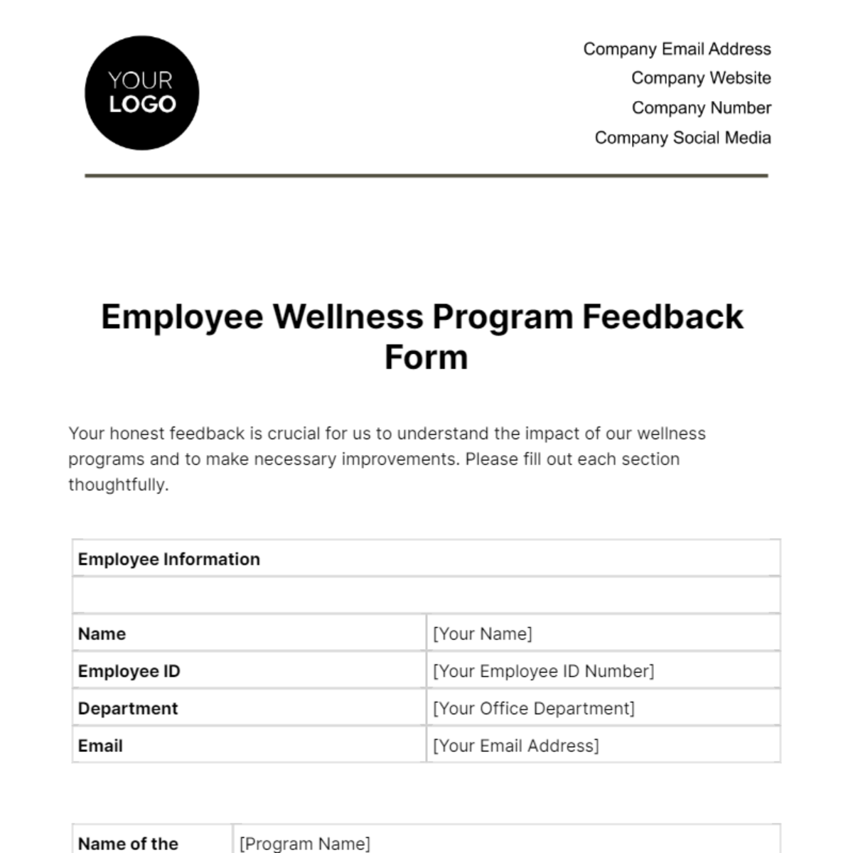 Free Employee Wellness Program Feedback Form Template