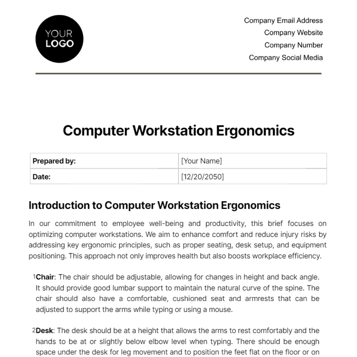 Computer Workstation Ergonomics Template