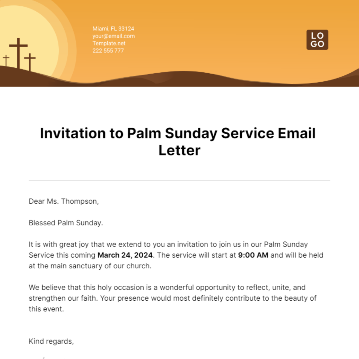 Invitation to Palm Sunday Service Email Letter Template