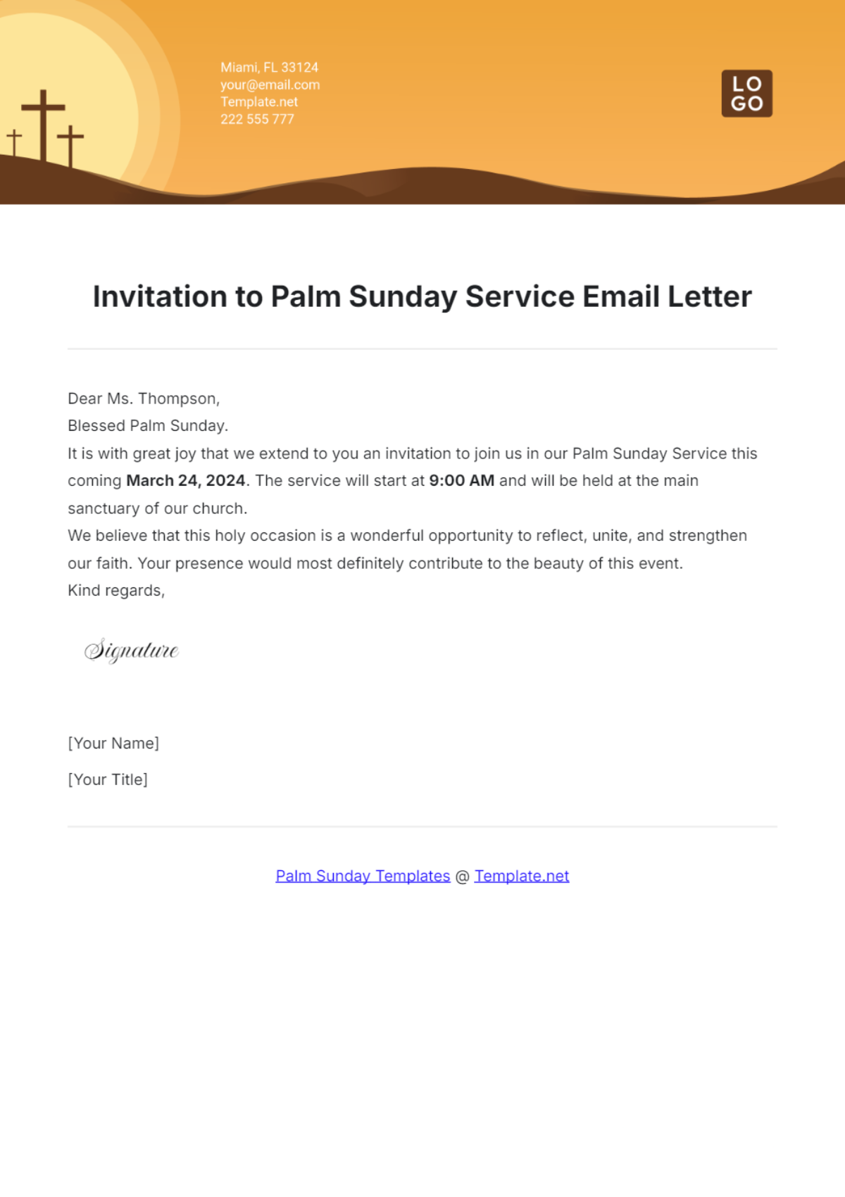 Invitation to Palm Sunday Service Email Letter Template