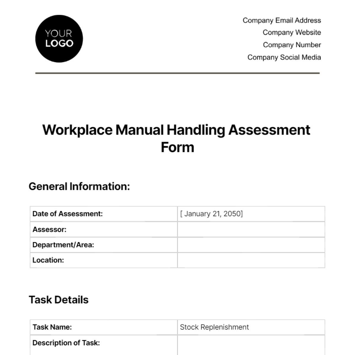 Free Workplace Manual Handling Assessment Form Template