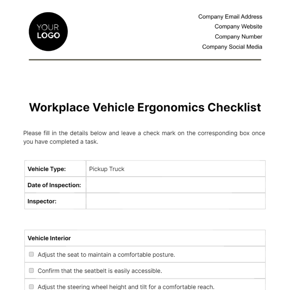 Workplace Vehicle Ergonomics Checklist Template