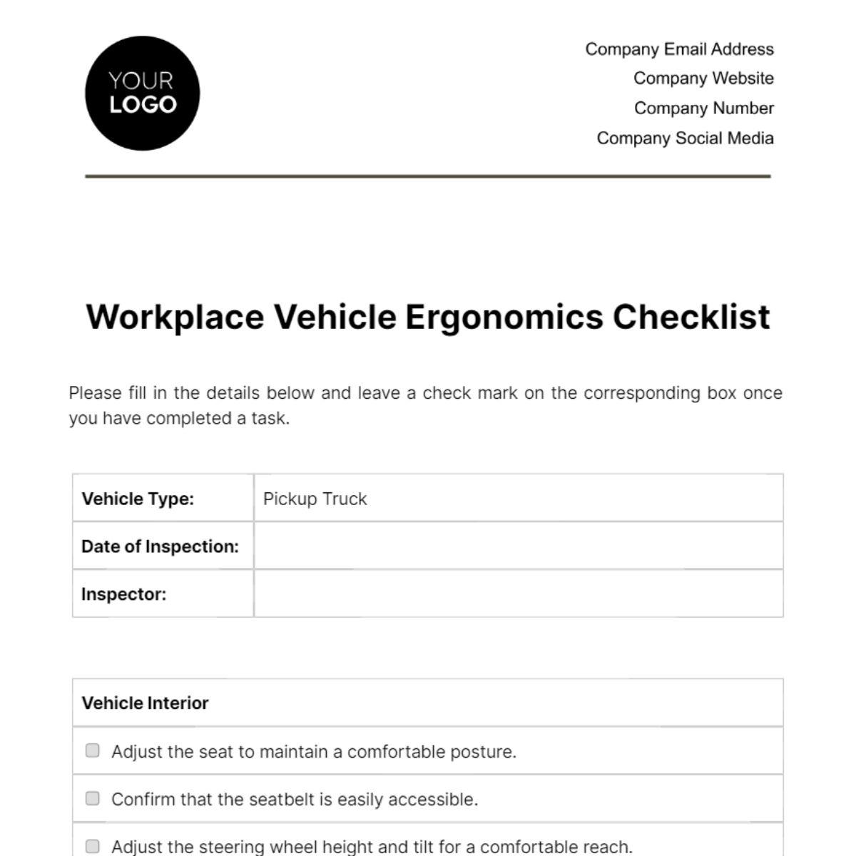 Workplace Vehicle Ergonomics Checklist Template - Edit Online & Download