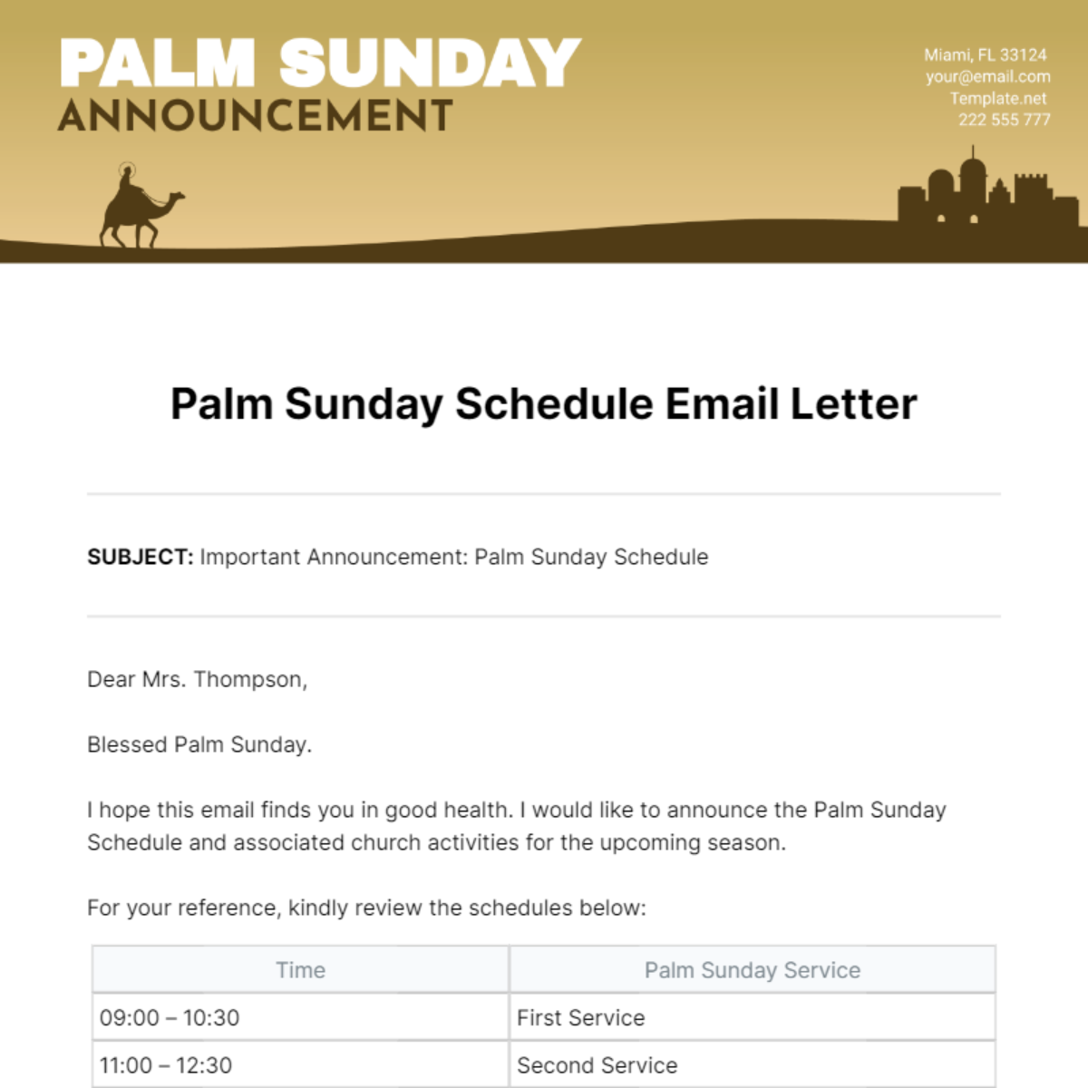 Important Announcement: Palm Sunday Schedule Email Letter Template