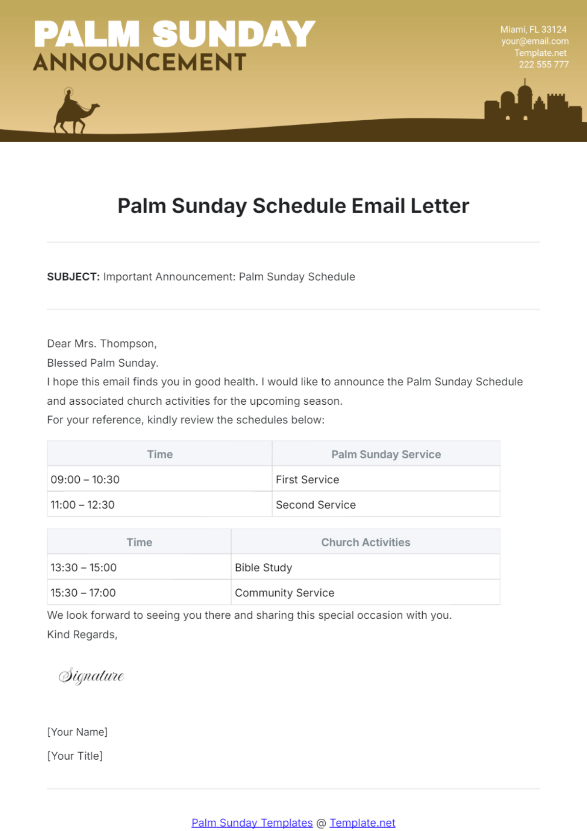 Important Announcement: Palm Sunday Schedule Email Letter Template - Edit Online & Download