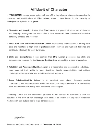Free Affidavit of Character Template to Edit Online