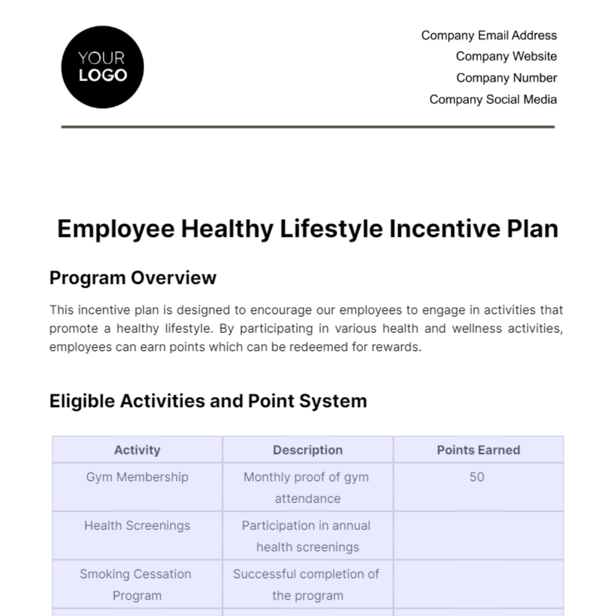 Free Employee Healthy Lifestyle Incentive Plan Template