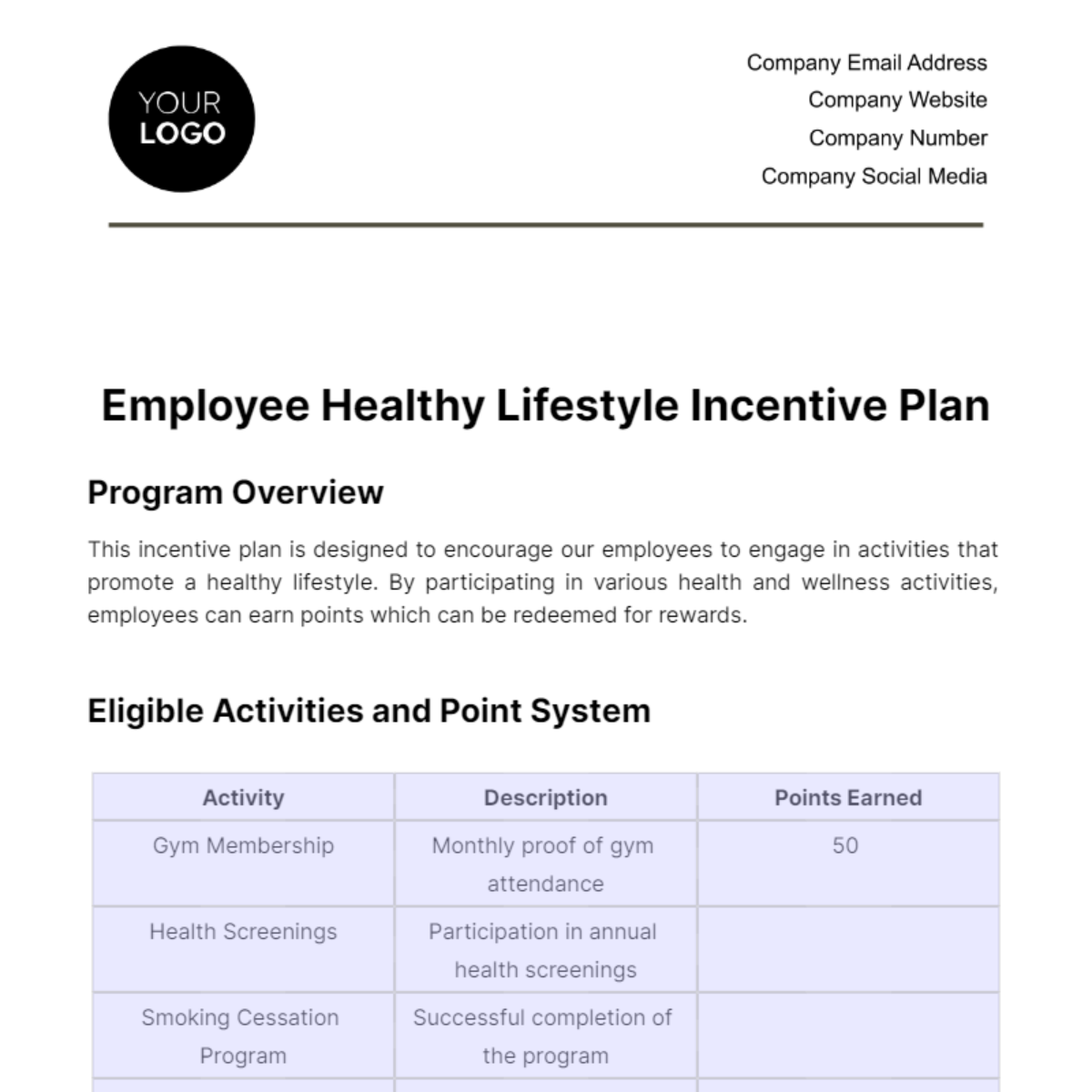 Employee Healthy Lifestyle Incentive Plan Template - Edit Online & Download