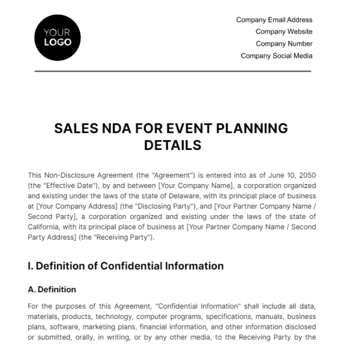 Sales NDA for Event Planning Details Template