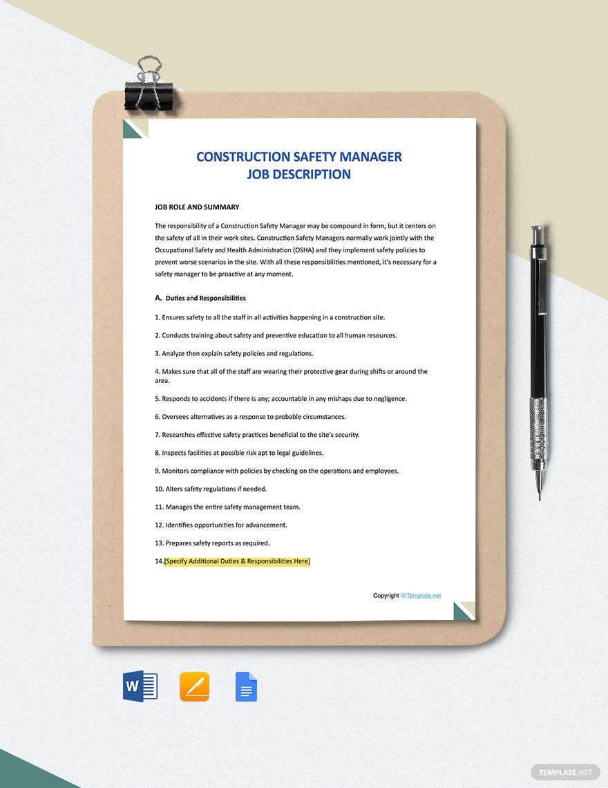 Free Sample Construction Manager Job Ad and Description Template
