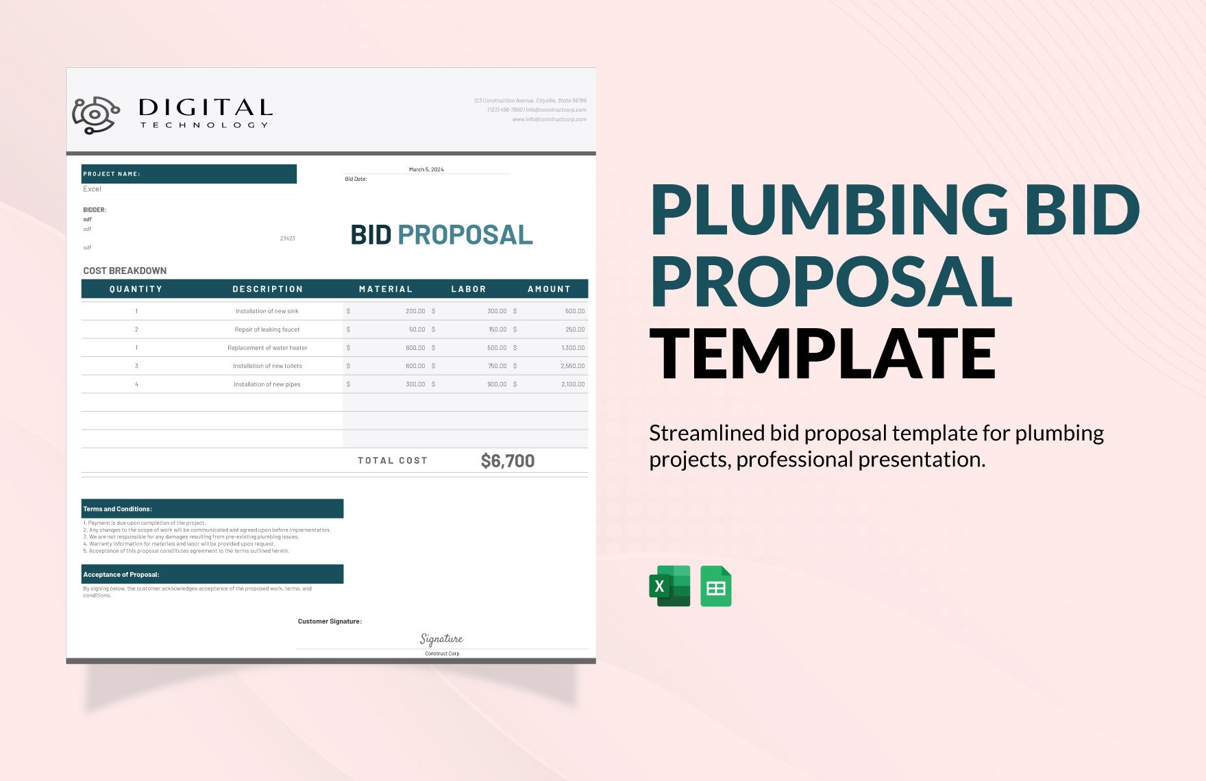 Plumbing Bid Proposal Template in Excel, Google Sheets
