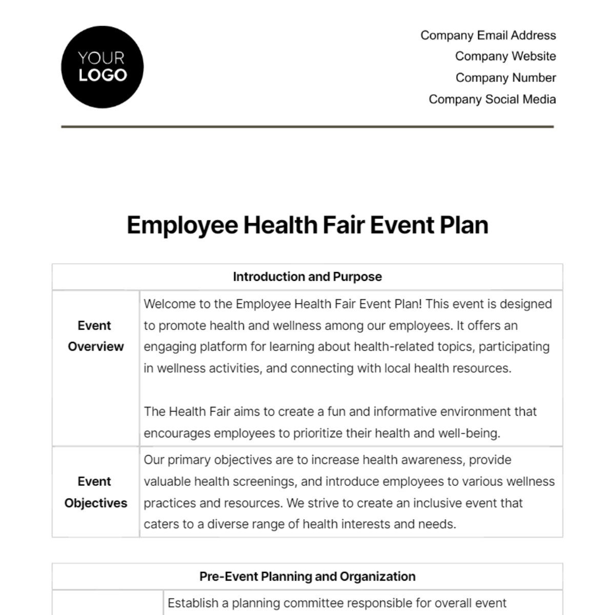 Employee Health Fair Event Plan Template