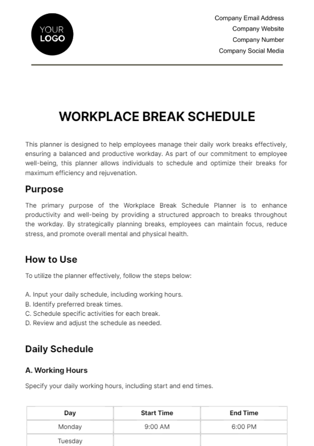 Free Workplace Break Schedule Template