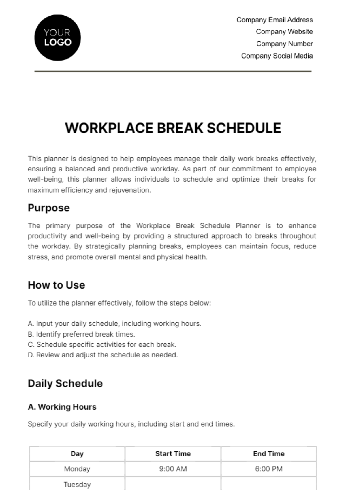 Workplace Break Schedule Template - Edit Online & Download