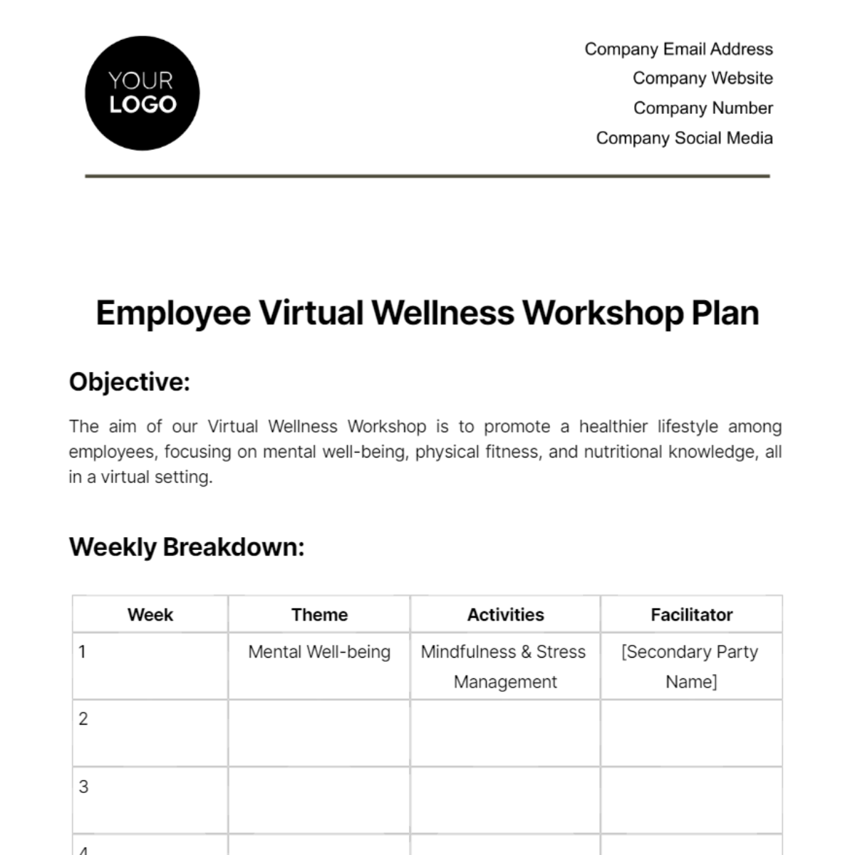 Free Employee Virtual Wellness Workshop Plan Template