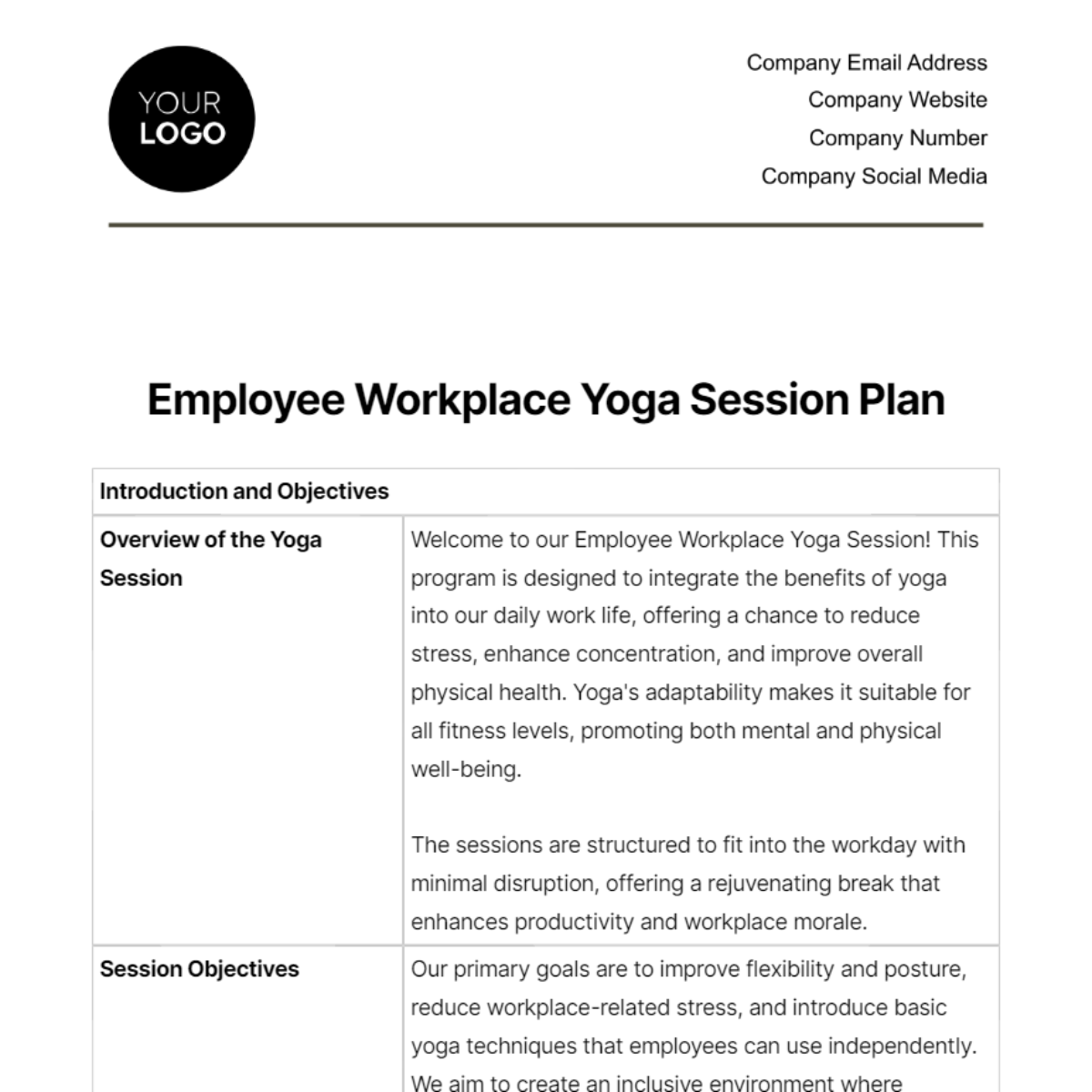 Free Employee Workplace Yoga Session Plan Template