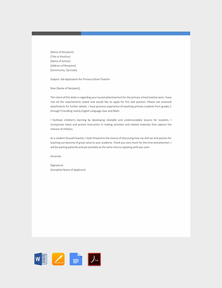 Sample Cover Letter For Primary Teacher Job Images