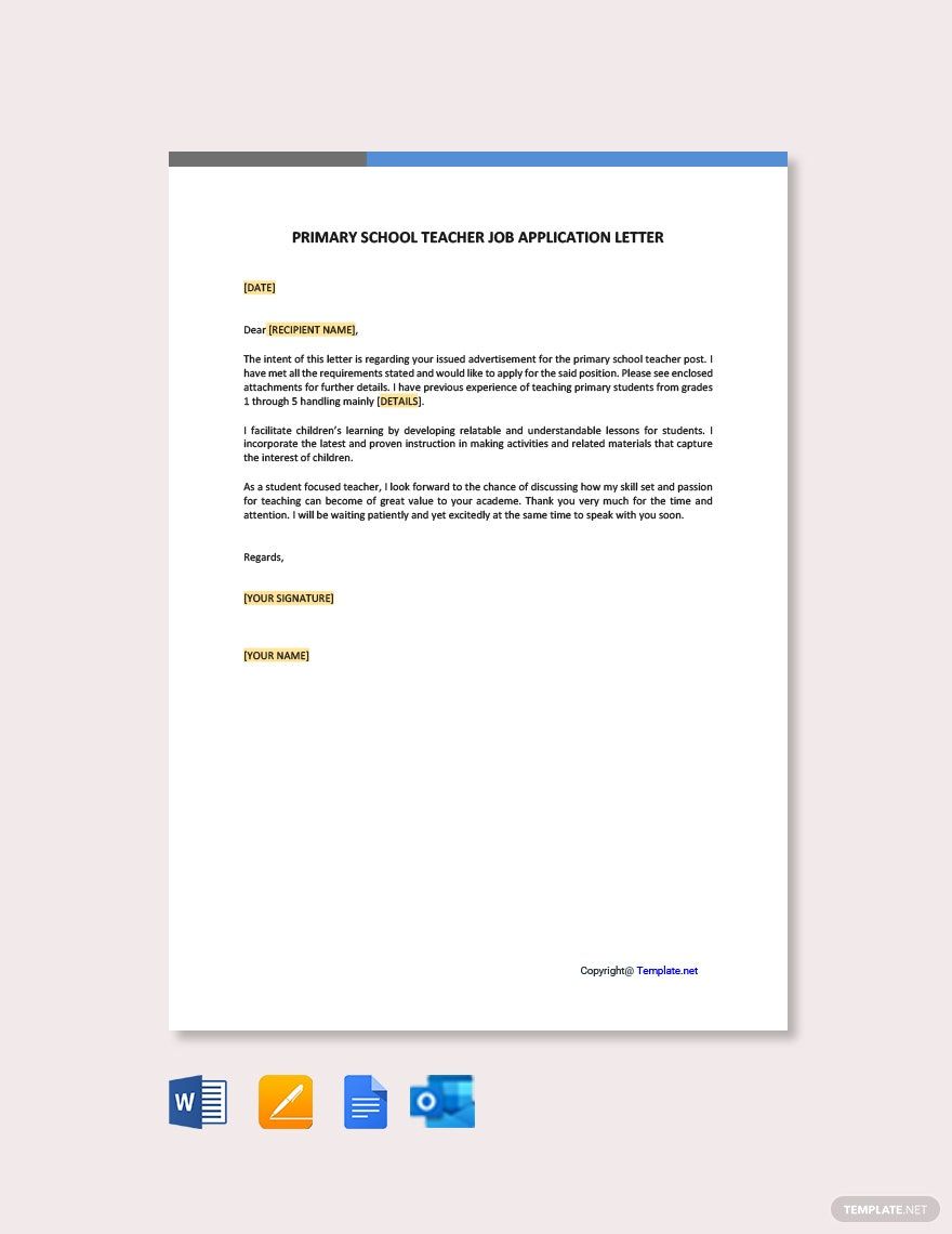 Primary School Teacher Job Application Letter in Google Docs, Pages, Outlook, PDF, Word - Download | Template.net