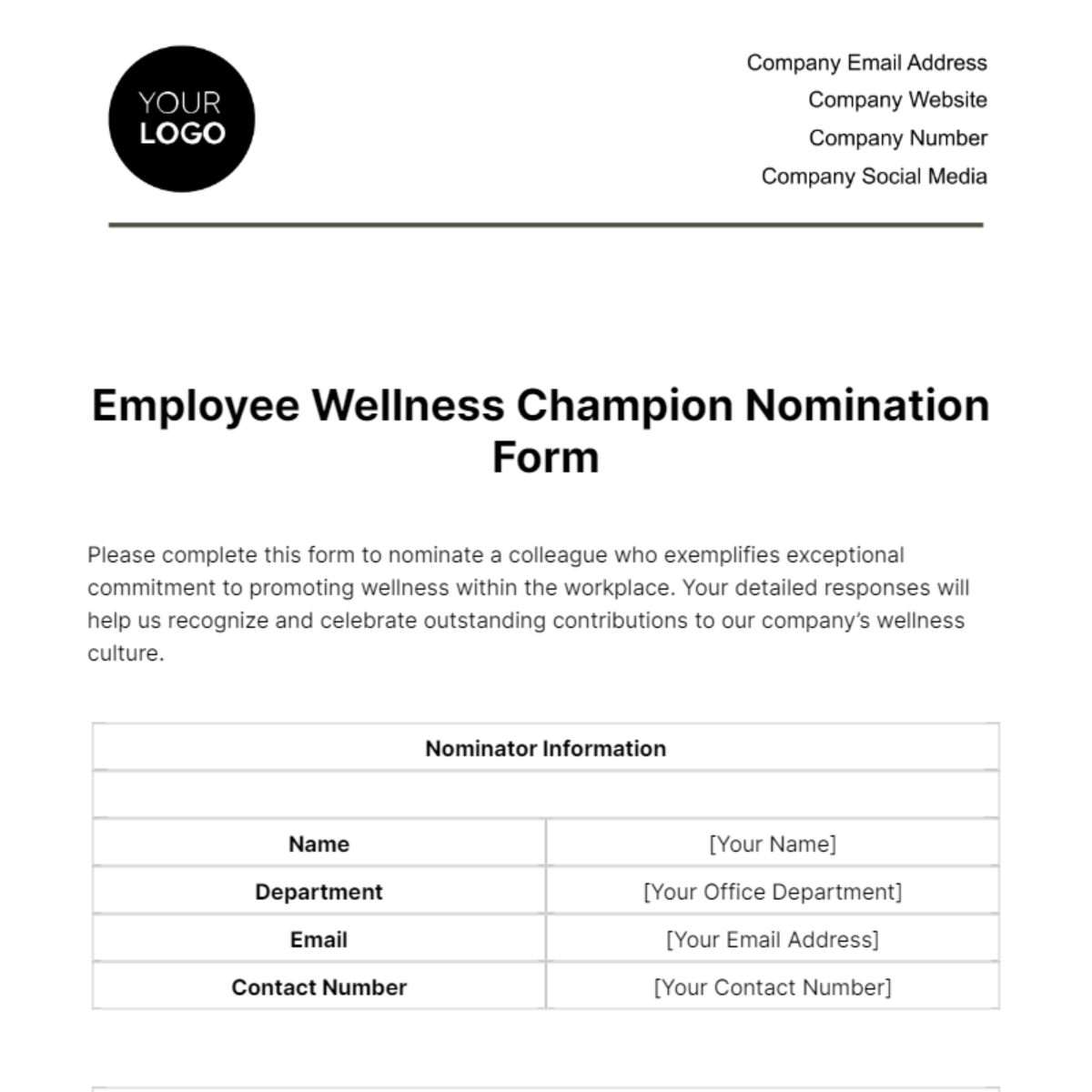 Employee Wellness Champion Nomination Form Template - Edit Online & Download