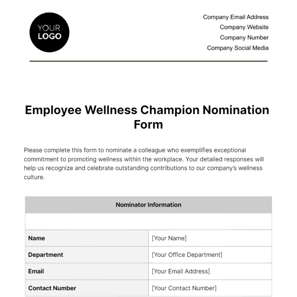 Employee Wellness Champion Nomination Form Template Edit Online