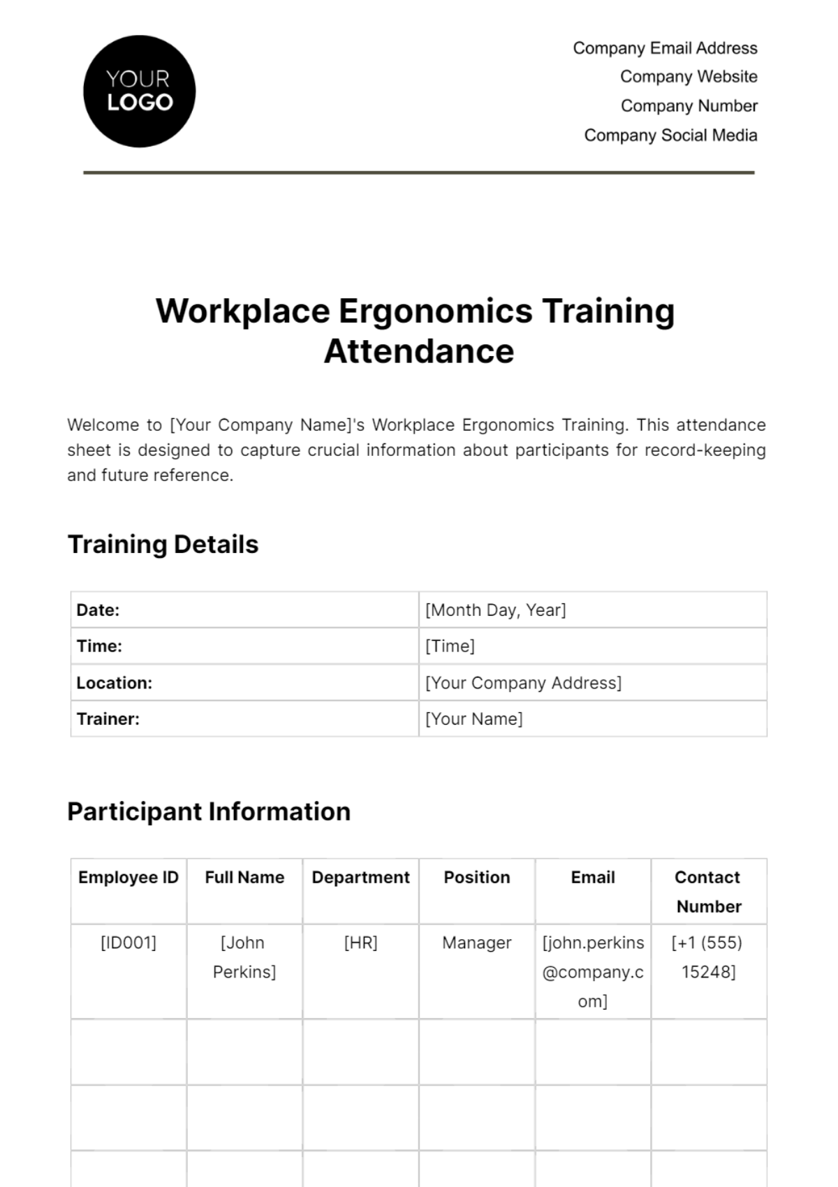 Workplace Ergonomics Training Attendance Template
