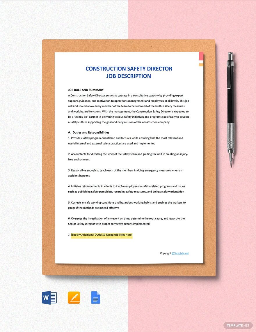 Construction Safety Director Job Description Template - Google Docs