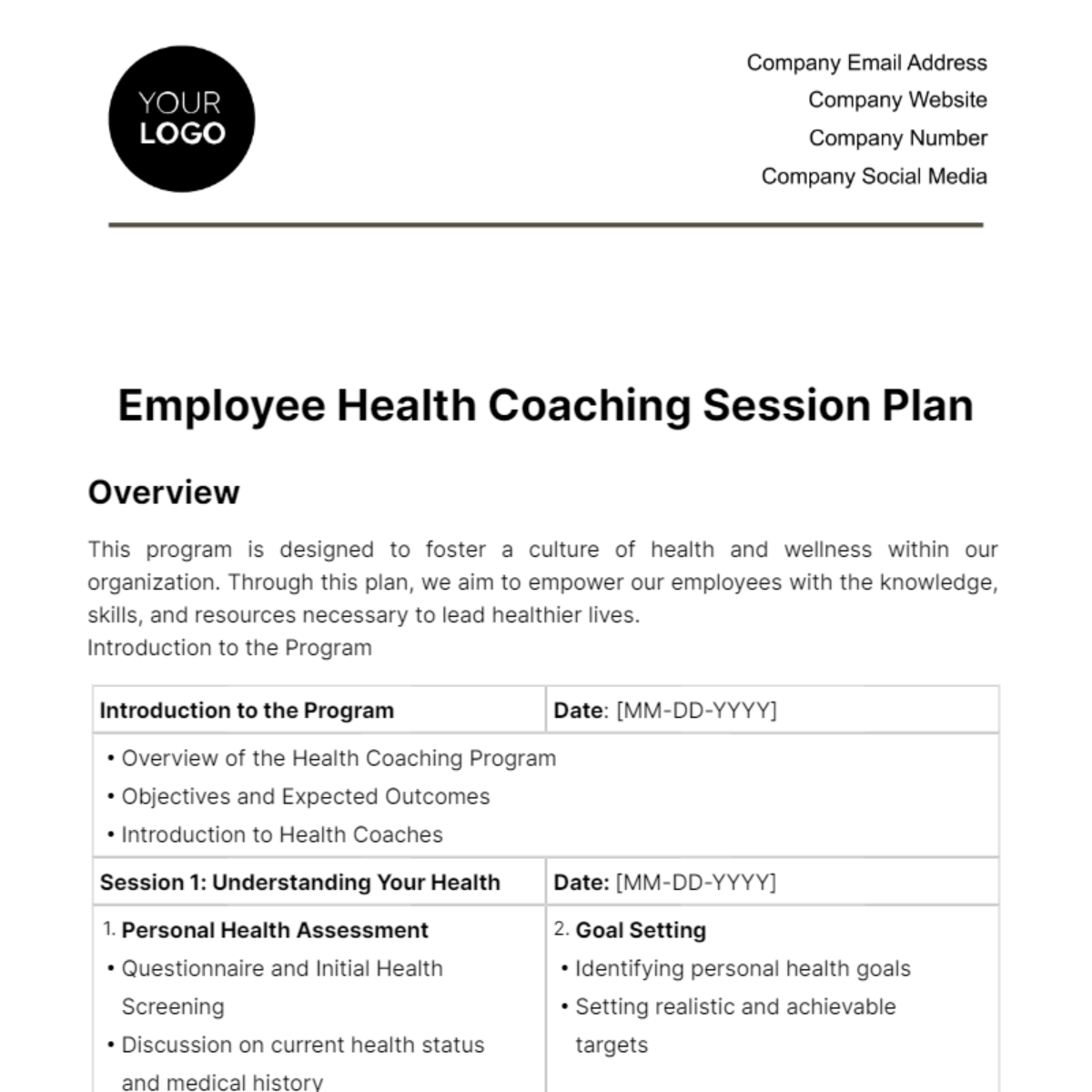 Free Employee Health Coaching Session Plan Template
