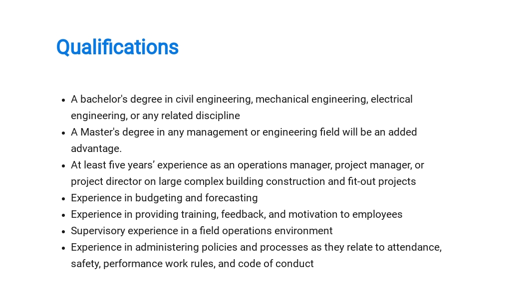 Construction Operations Manager Job Ad/Description Template in Google