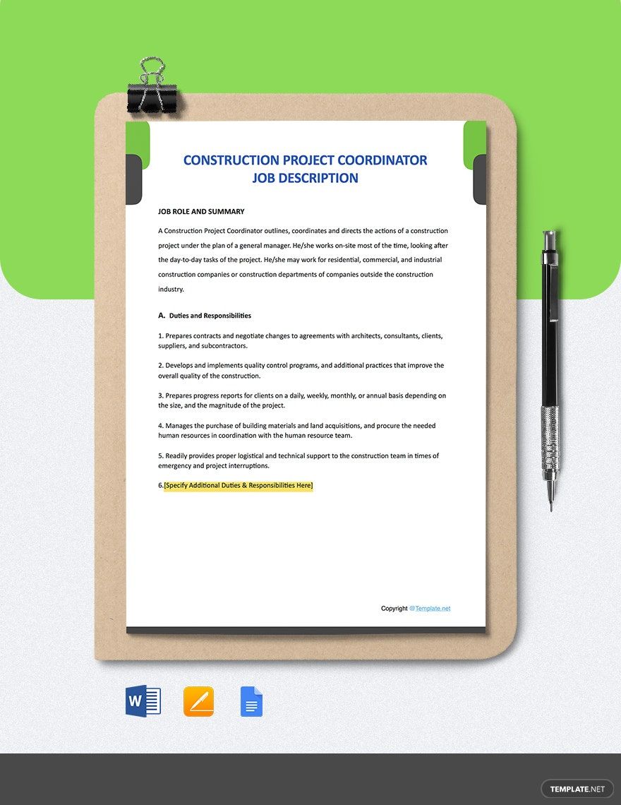 Construction Project Coordinator Job Ad/Description Template