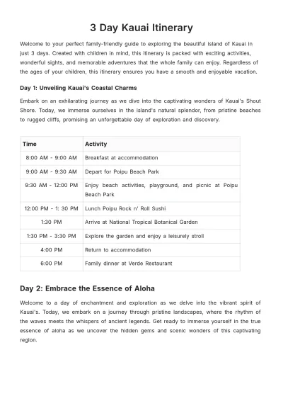 Free 3 Day Kauai Itinerary Template to Edit Online