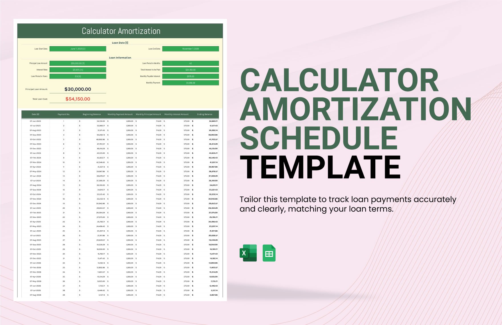 Calculator Amortization Schedule Template in Excel, Google Sheets