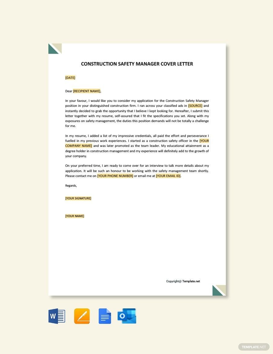 Construction Safety Manager Cover Letter Template