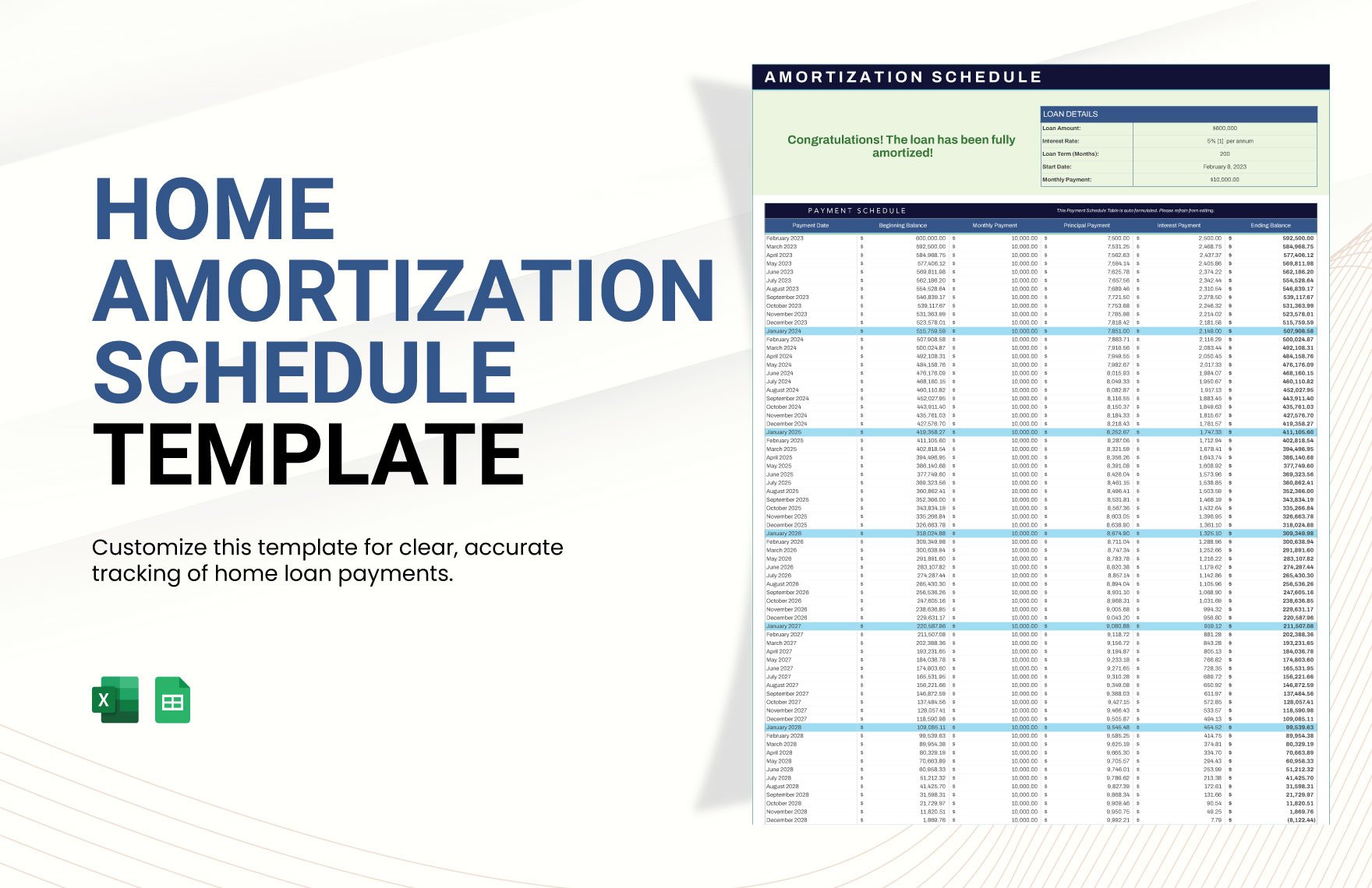 Home Amortization Schedule Template in Excel, Google Sheets