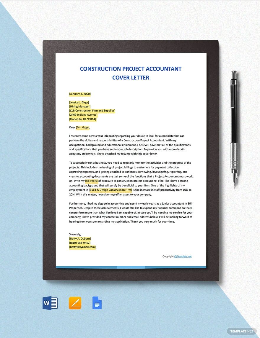 Construction Project Accountant Cover Letter Template