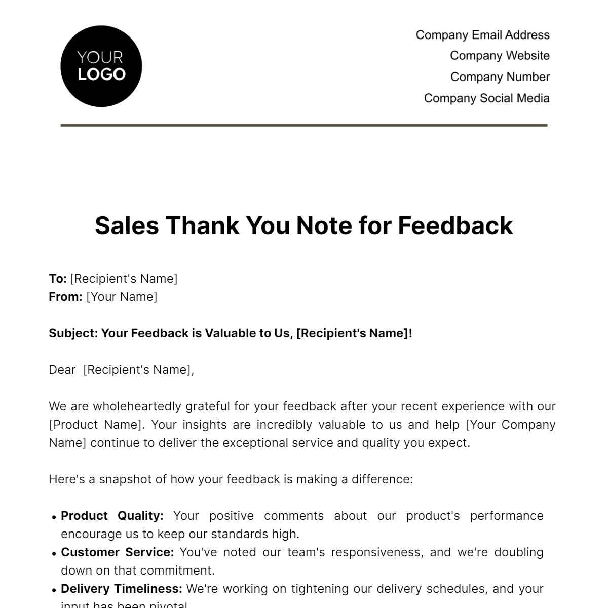 Free Sales Thank You Note for Feedback Template