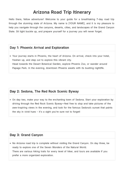 Free Arizona Road Trip Itinerary Template to Edit Online