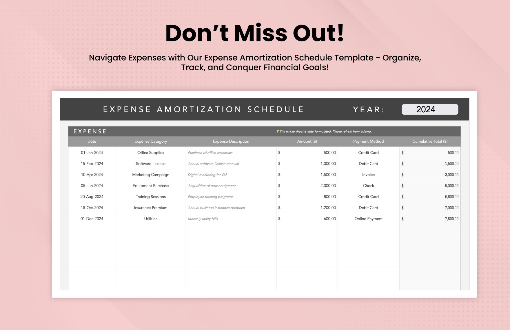Expense Amortization Schedule Template