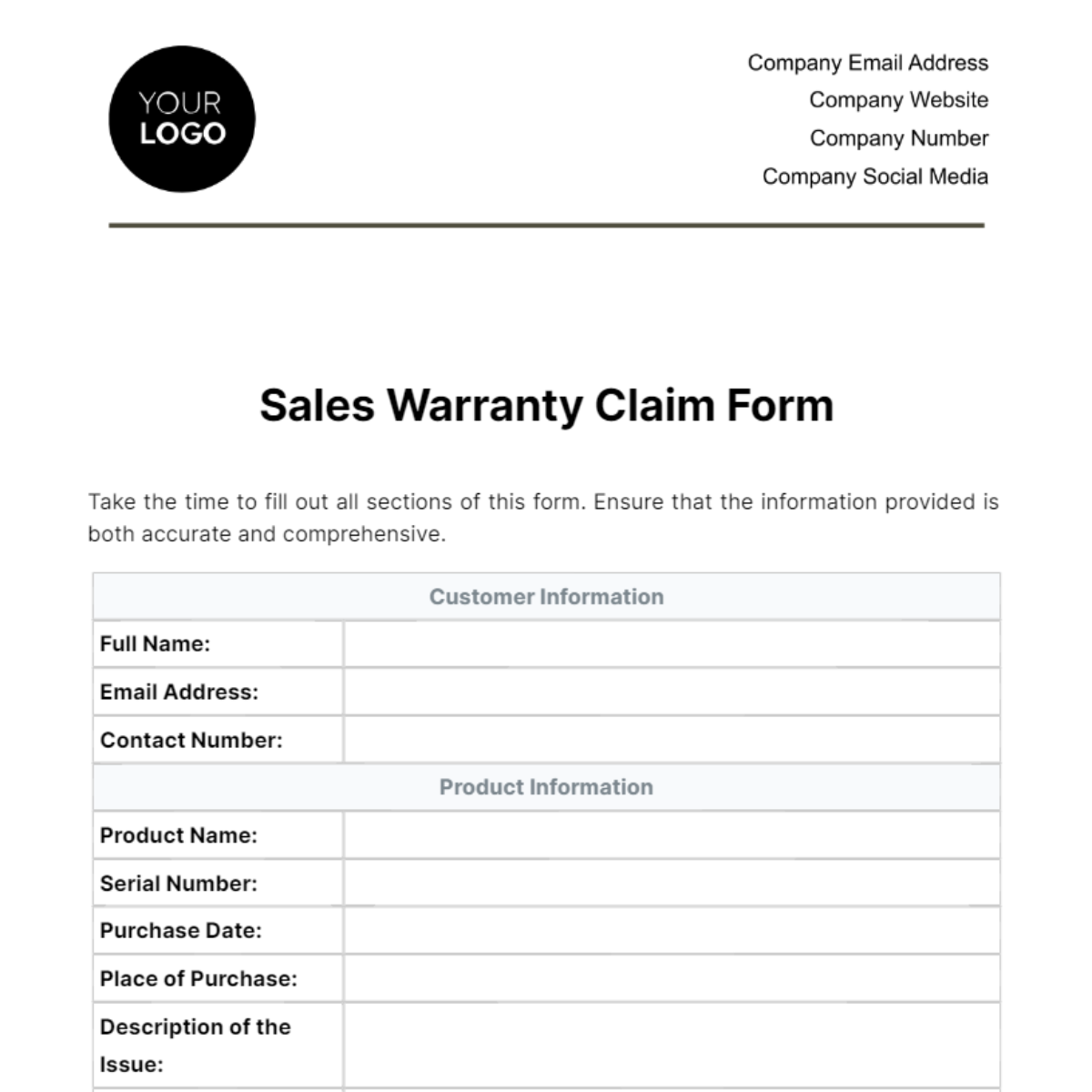 Sales Warranty Claim Form Template