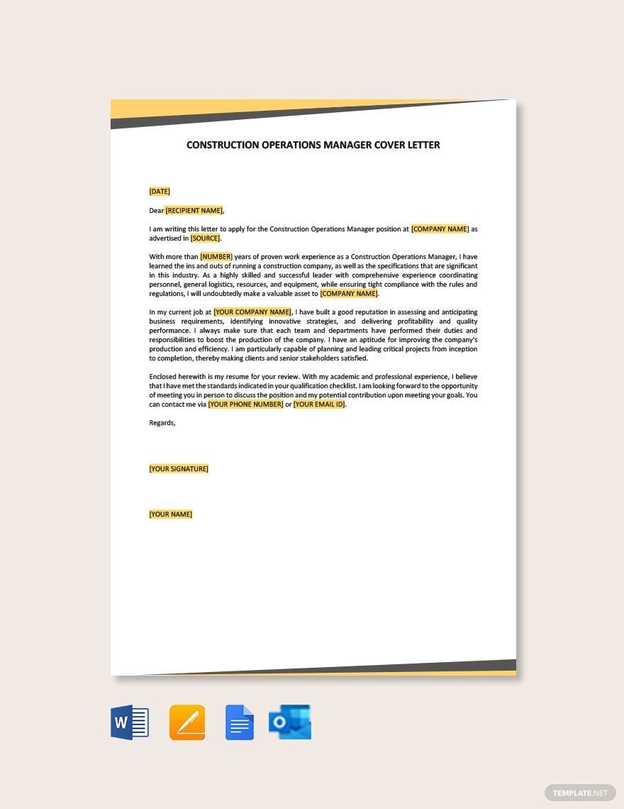 ¡Construction Operations Manager Cover Letter