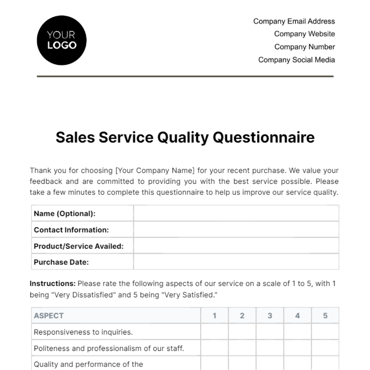 Free  Sales Service Quality Questionnaire Template