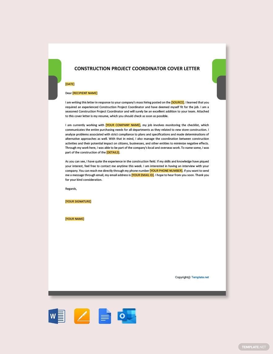 Construction Project Coordinator Cover Letter Template
