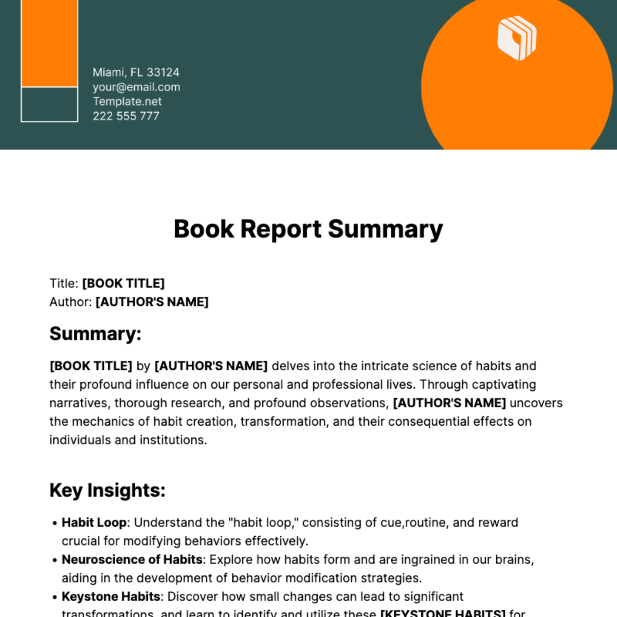 Book Report Summary Template