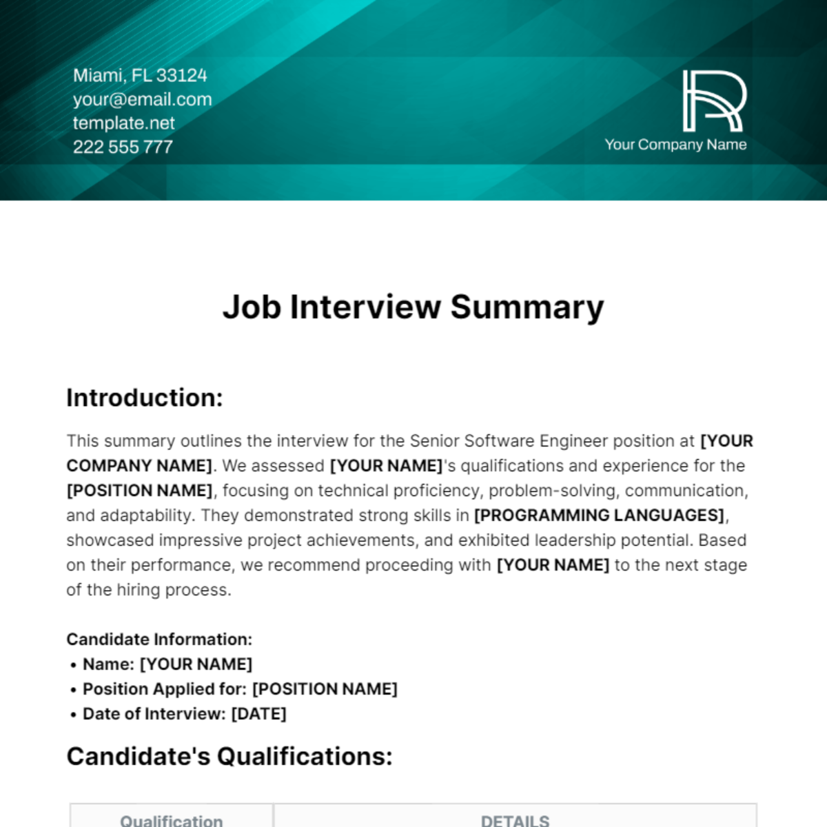 Job Interview Summary Template