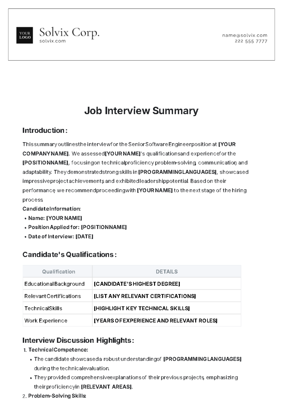 Sample Job Interview Summary Template - Edit Online & Download