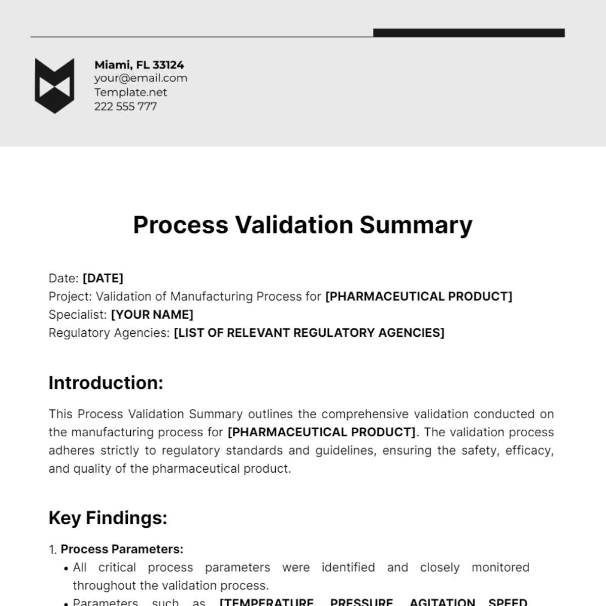 Process Validation Summary Template