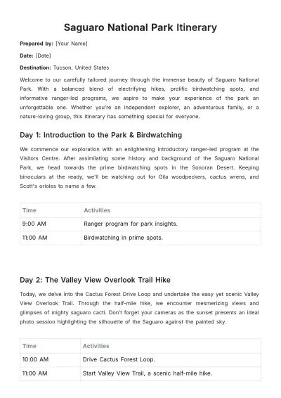 Free Saguaro National Park Itinerary Template to Edit Online