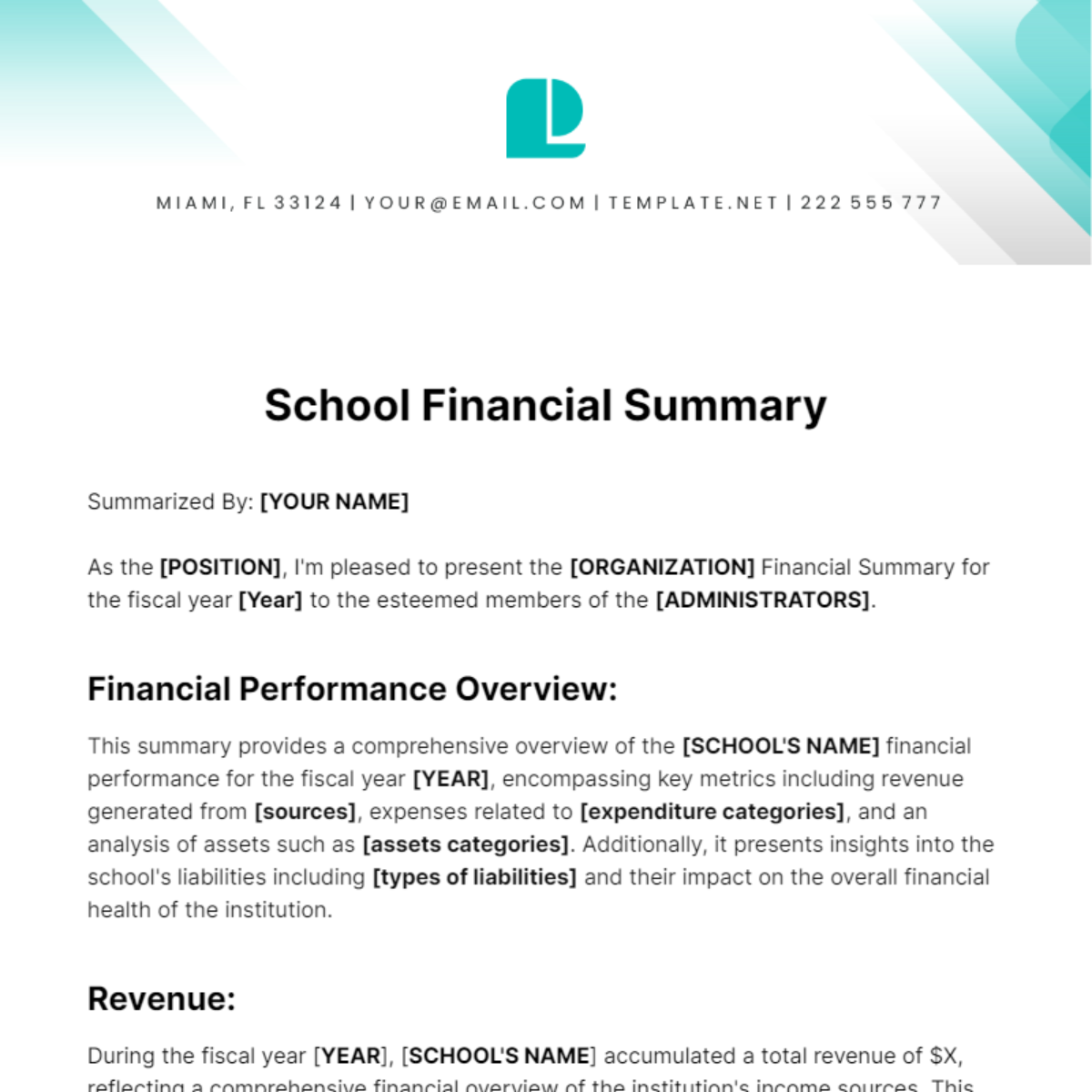 School Financial Summary Template