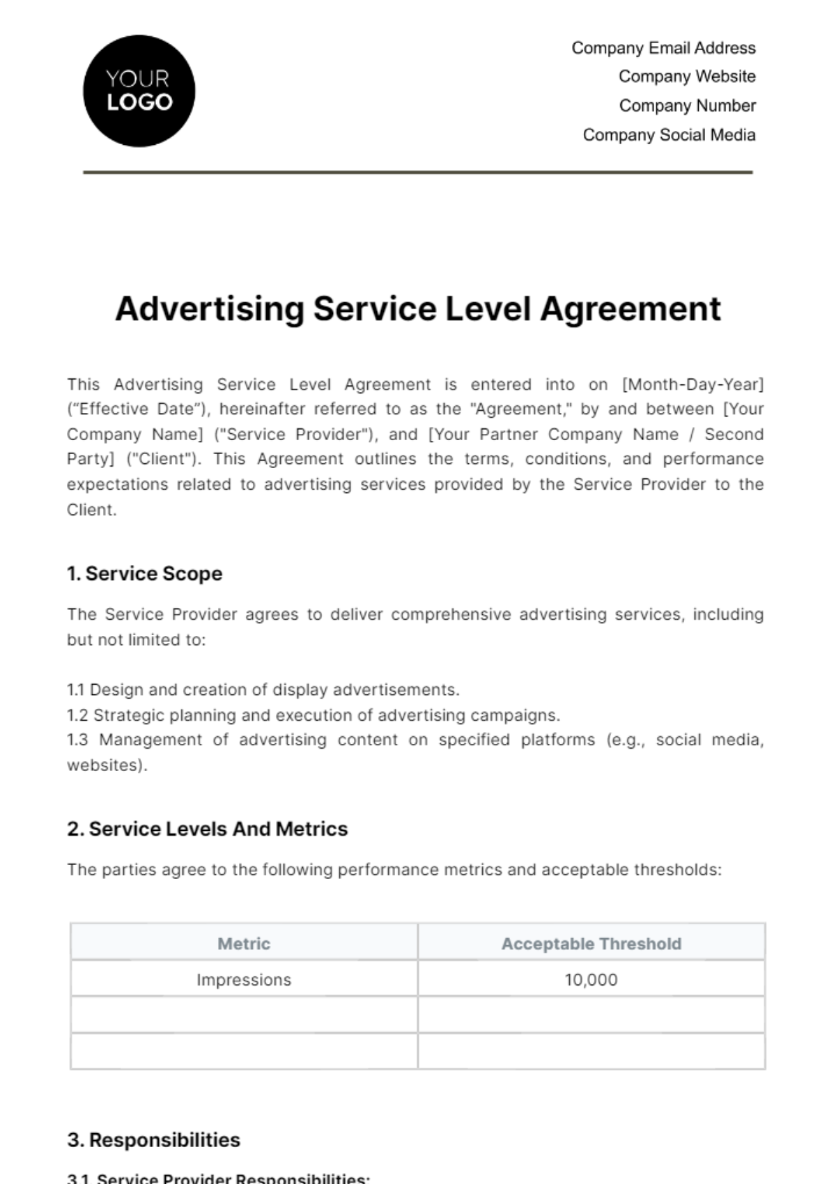 Free Advertising Service Level Agreement Template