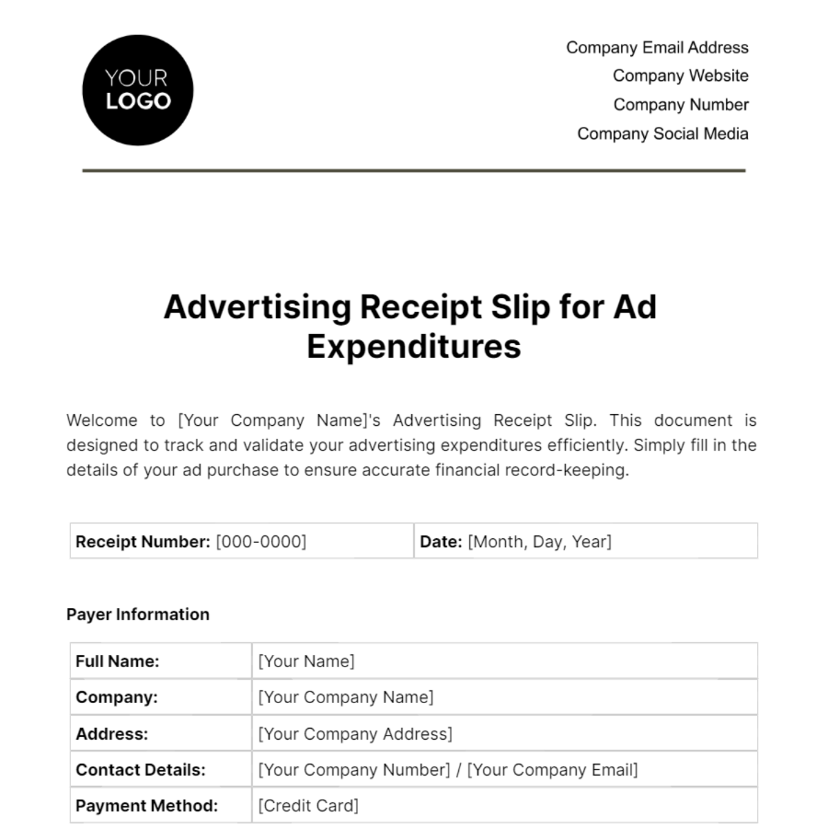Advertising Receipt Slip for Ad Expenditures Template