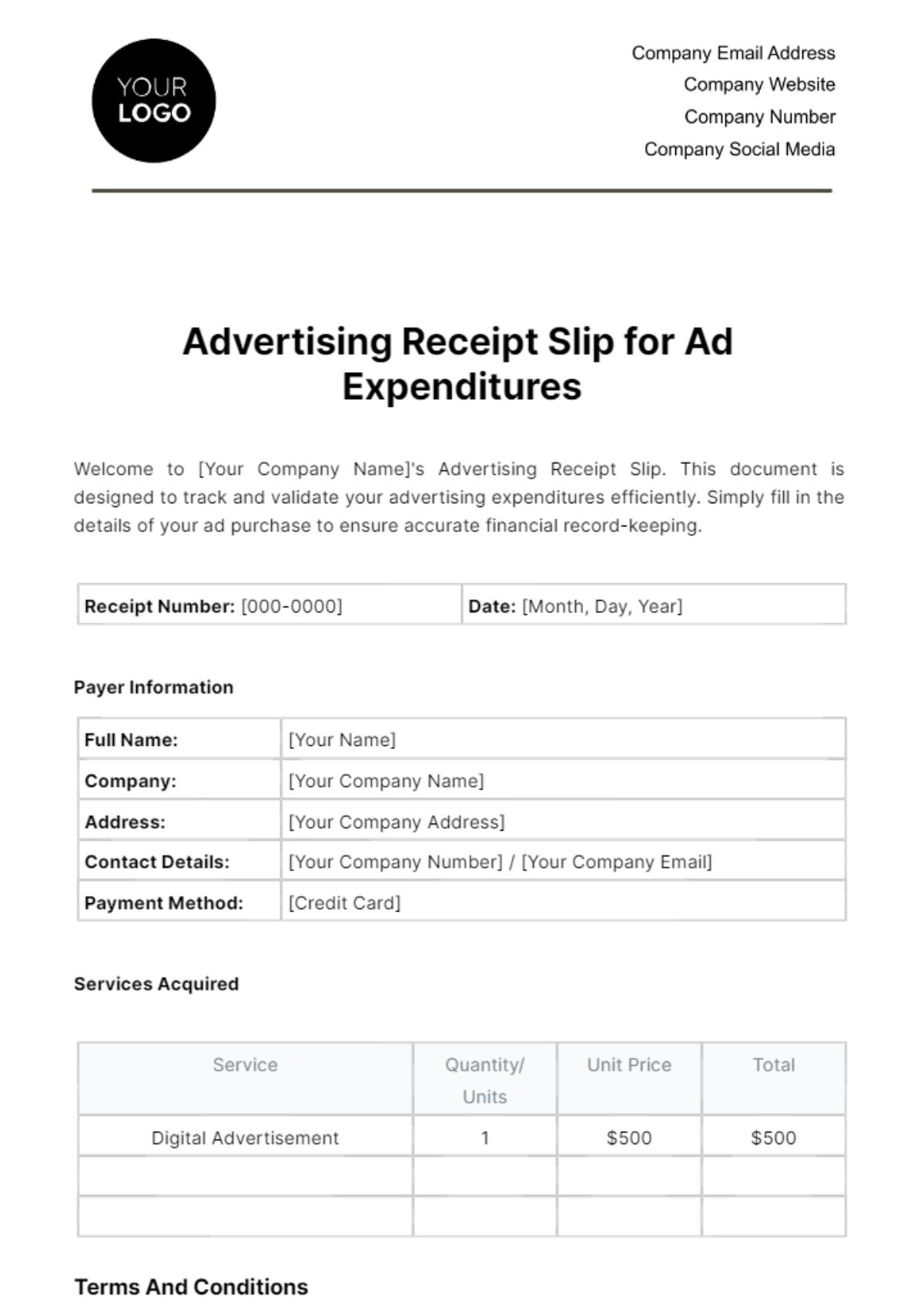 Free Advertising Receipt Slip for Ad Expenditures Template